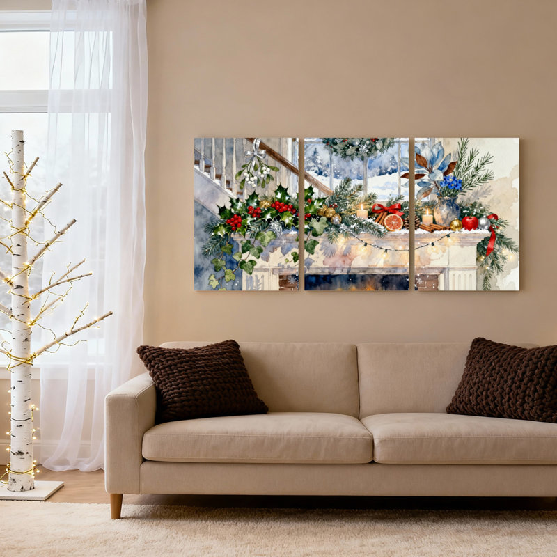 Ensemble de 3 tableaux sur toile tendue représentant un motif de houx et de pin pour le foyer, sur le thème de Noël.