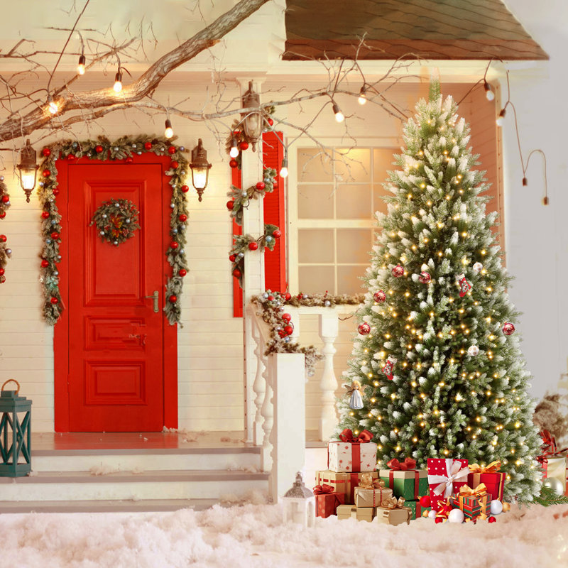 Lighted Artificial Christmas Tree with Snow Effect PVC/PE Pine Christmas Tree Realistic with Base, 225cm, with LED