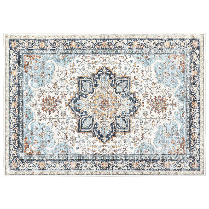 Vintage Floral Pattern Washable Area Rug 8x10, Non Slip Backing Retro Carpet for Entryway Kitchen Bathroom Living Room Hallways Bedroom, Blue and Orange