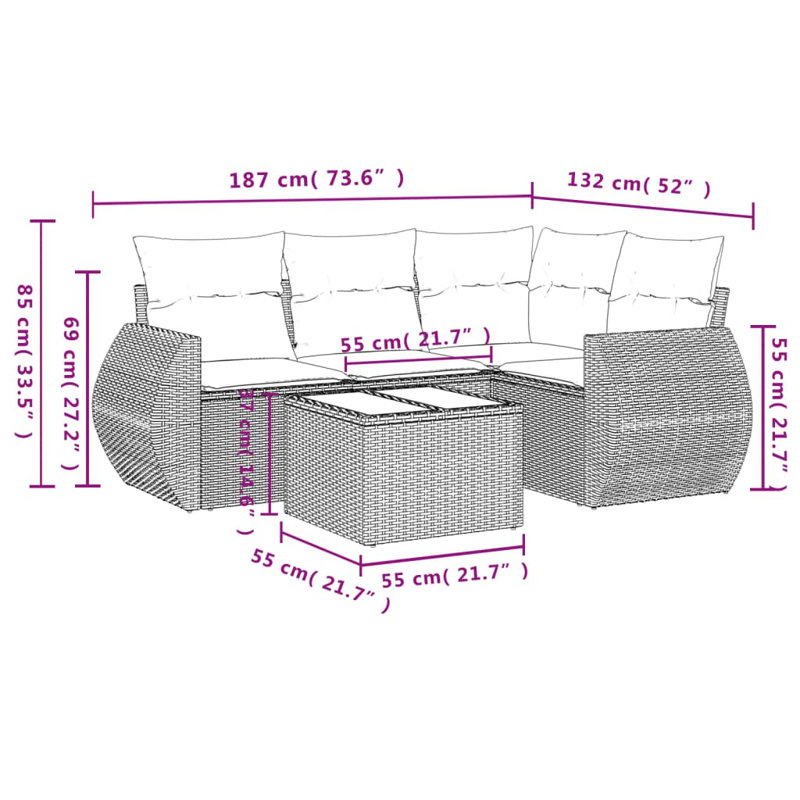 Ensemble de canapé de jardin modulaire en rotin PE gris 5 pièces Vidaxl