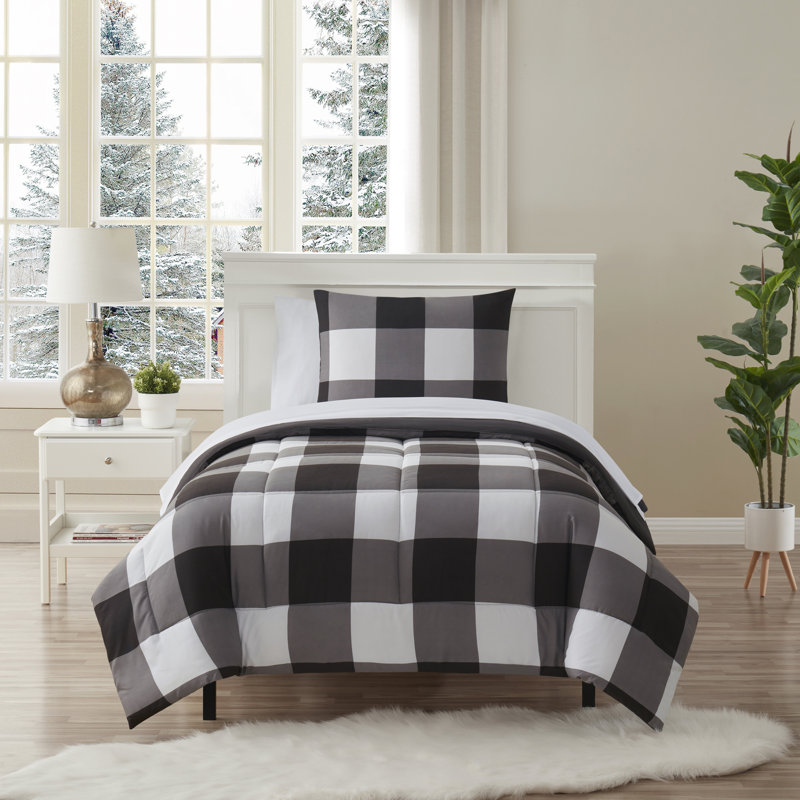 5 Piece Buffalo Plaid Bed In A Bag Comforter And Sheet Set By Sweet Home Collection - Twin, Black/White