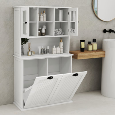 Grande armoire de salle de bain à deux compartiments avec panier à linge inclinable et 2 tablettes réglables - blanc