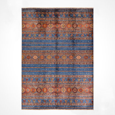 Tapis bleu original en laine et coton noué à la main