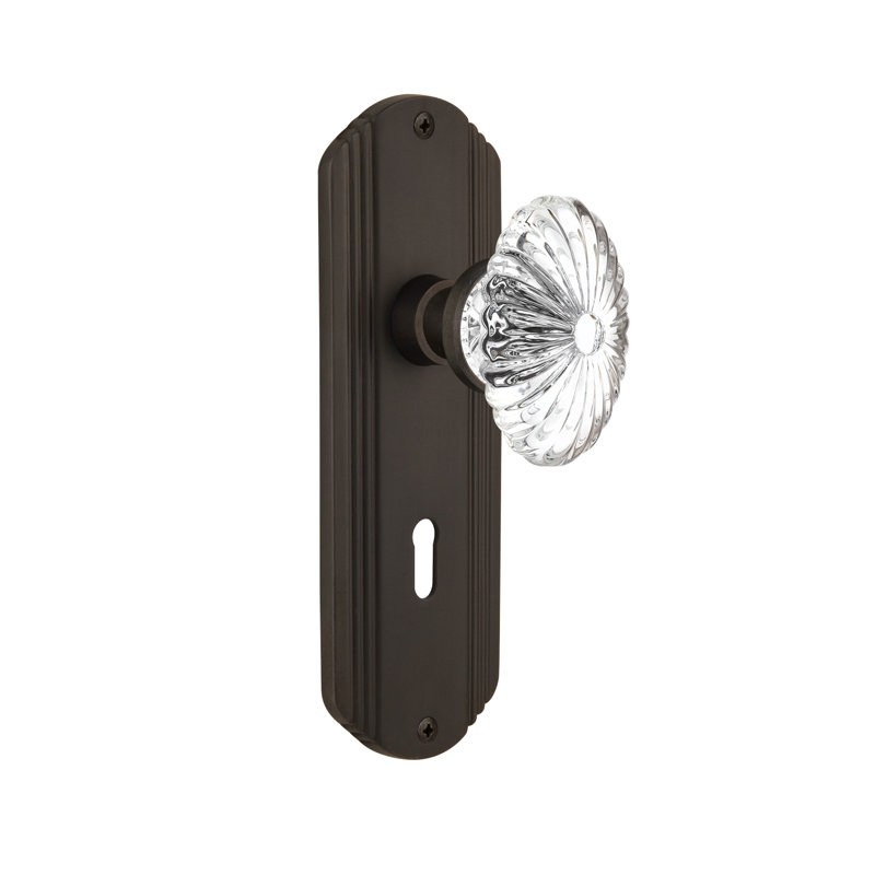 Crystal Fluted Oval Interior Mortise Door Knob with Deco Long Plate, Oil-Rubbed Bronze