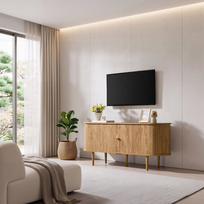Meuble télé avec portes tambour Dulane, H 24,2 po x L 55 po x l 15,5 po, Bois naturel