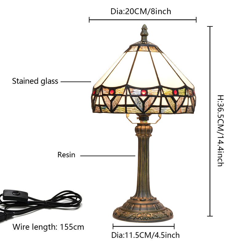14''H Tiffany Style Table Lamp Resin Base And Stained Glass Table Lamp, White