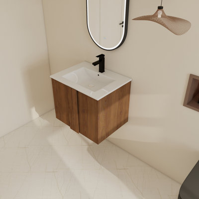 Ensemble de meuble-lavabo simple mural 24 "avec lavabo en céramique, meuble-lavabo flottant avec 2 portes à fermeture douce