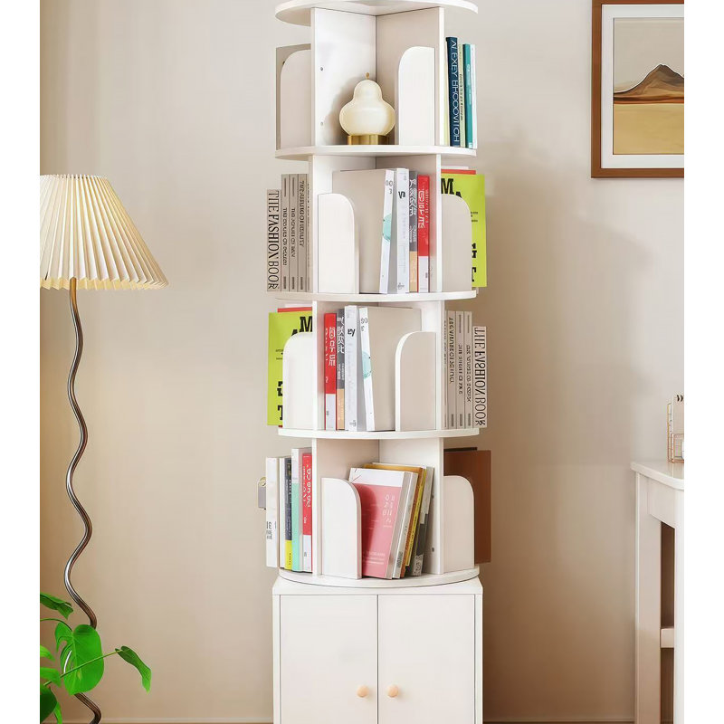 Bibliothèque rotative, bibliothèque d'angle à 5 niveaux à 360 degrés, étagère de rangement pour bibliothèque au sol, étagère à livres étroite en bois pour la chambre à coucher (BLANC)
