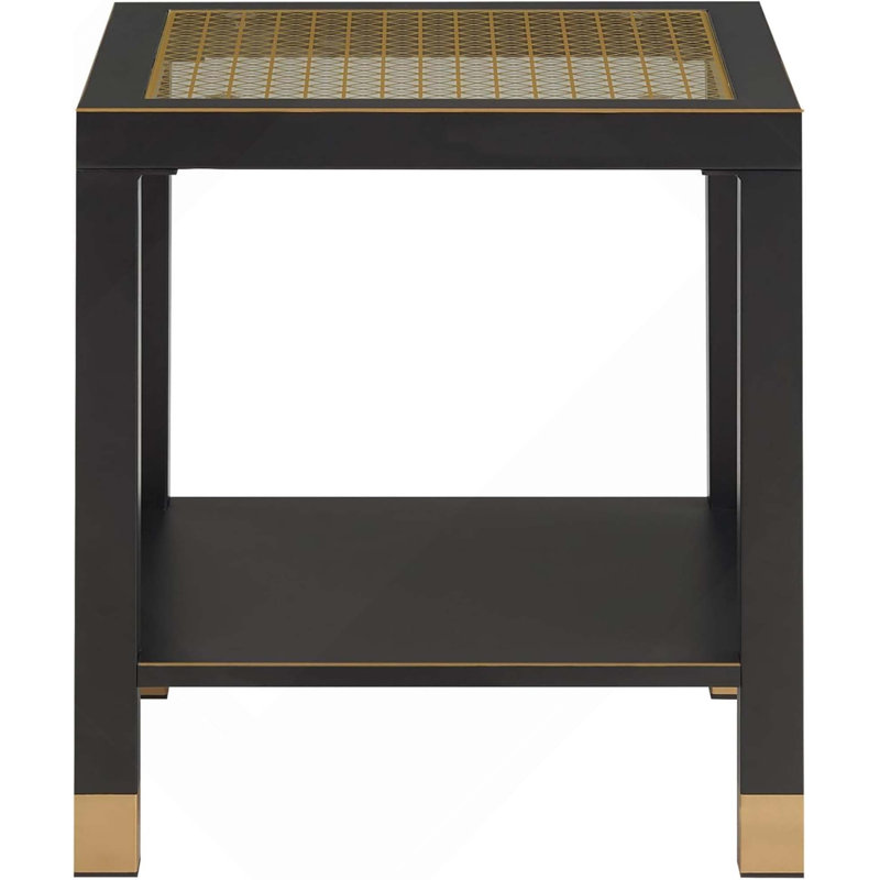 Modern Glass Square End Table, 2-Layer Nightstands With Metal Frame & Glass Top, Black/Gold
