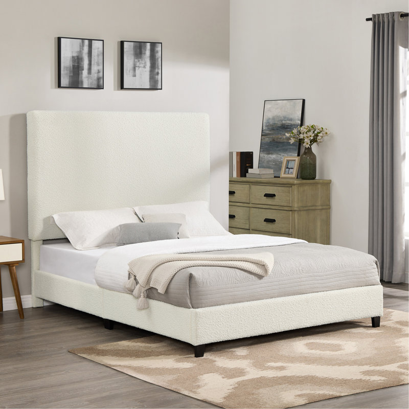 Grand lit plateforme tapissier blanc Boucle, Grand lit