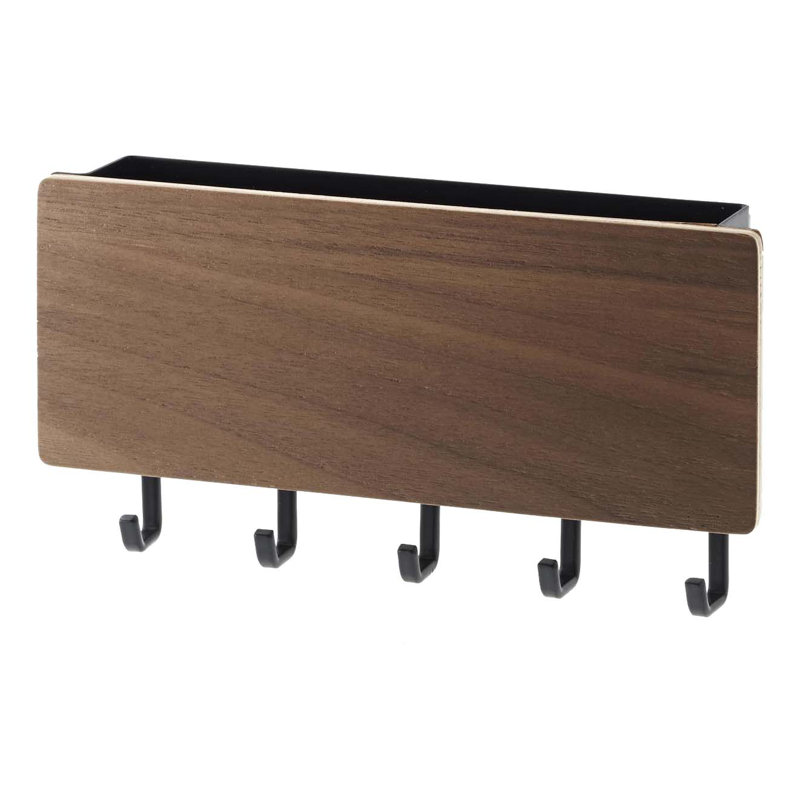 Rin Yamazaki Home Magnetic Wall Organizer, Key Hooks & Tray For Storage, Steel + Wood, Magnetic, Brown