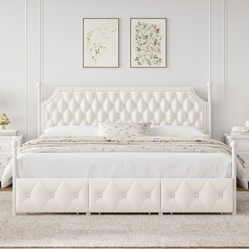Artevious Upholstered Metal Canopy Storage Bed, King, Off White