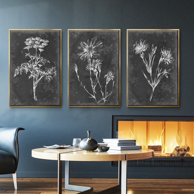 Slate Floral II, ensemble de 3 toiles encadrées sur toile, H 40 po x l 78 po, Or