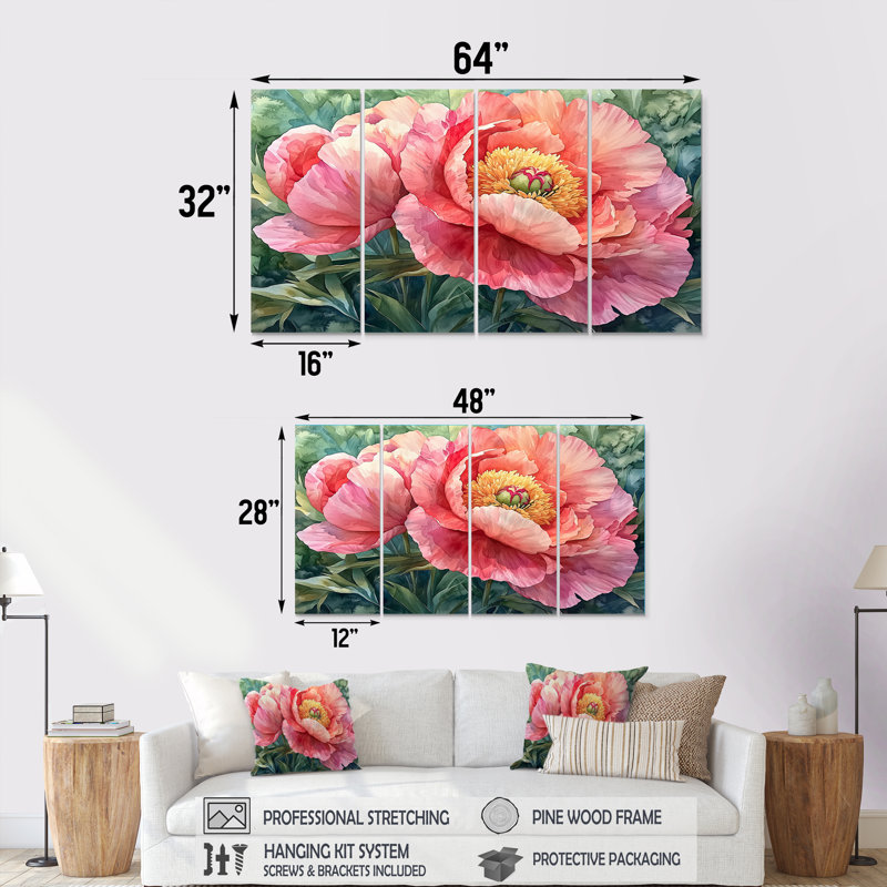 Pivoine d'été en pleine floraison III - art mural pivoine - ensemble d'art mural moderne, 4, H 28 po x l 48 po