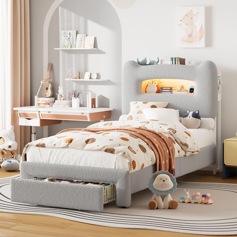 Twin Upholstered Bed Frame with LED Storage Headboard, Charging Station & Drawer, Metal Support, Pink, Gray, Twin