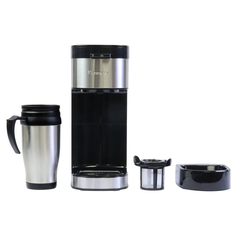Kenmore Single Serve Coffee Maker with Stainless Steel Travel Mug, K-Cup & Ground Coffee Compatible, Hot & Iced Brewing, 6–14 oz Brew Sizes