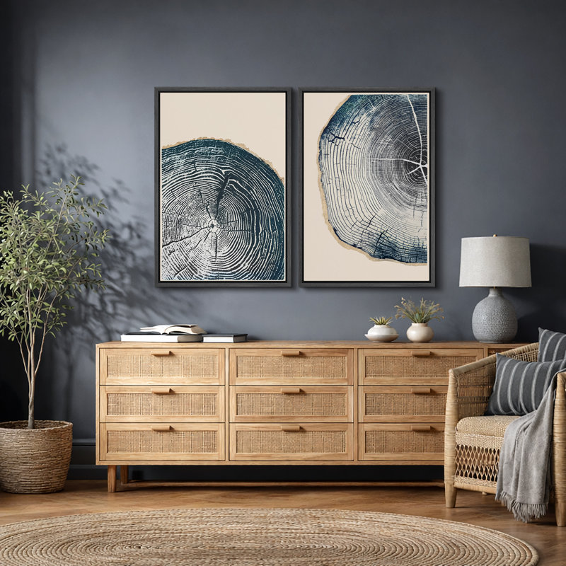 «Tree Ring», œuvre de souche en bois bleu marine, images murales simples et rustiques modernes, ensemble de 2 reproductions d'art sur toile, 16 x 24 x 2, 24 x 36 x 2