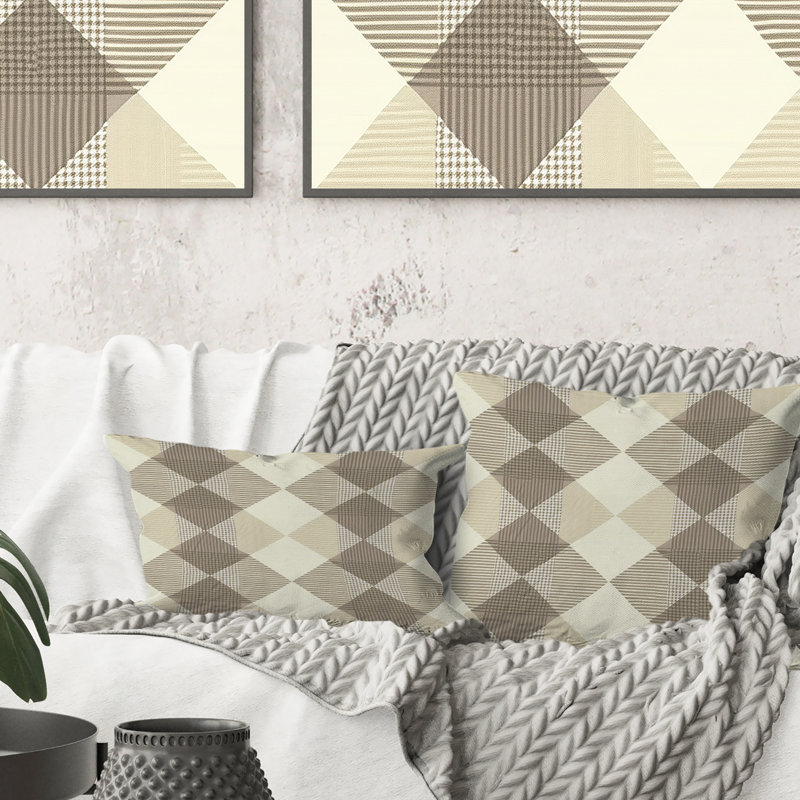Coussin lombaire beige à imprimé pied-de-poule I