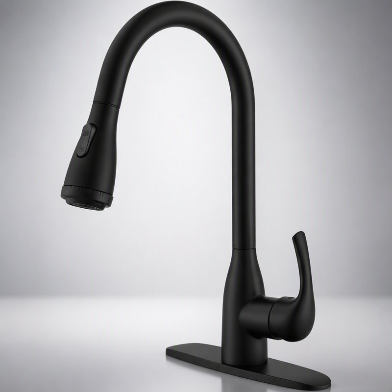 Robinet de cuisine extractible à poignée unique, bec haut, noir mat, avec 4 modes de jet, installation facile et revêtement anti-traces de doigts.