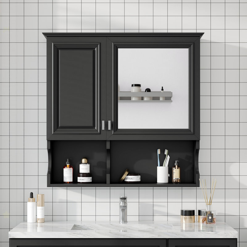 Armoire à pharmacie à miroir de 30 pouces avec tablettes ouvertes, rangement mural avec portes et miroir, tablette réglable, armoire de rangement pour salle de bain au-dessus de la toilette