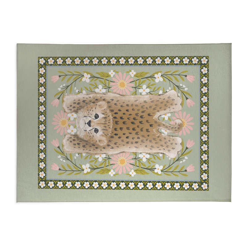 Lil Lying Leopard Flowers Kids Play Mat, Rectangle 4' x 6', Sage