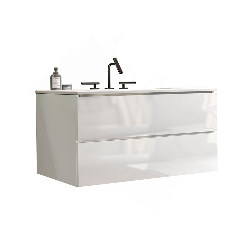 Meuble-lavabo mural blanc brillant de 36 po avec lavabo en céramique et trois trous de robinet, grand meuble-lavabo flottant de rangement pour salle de bain moderne, pré-assemblé