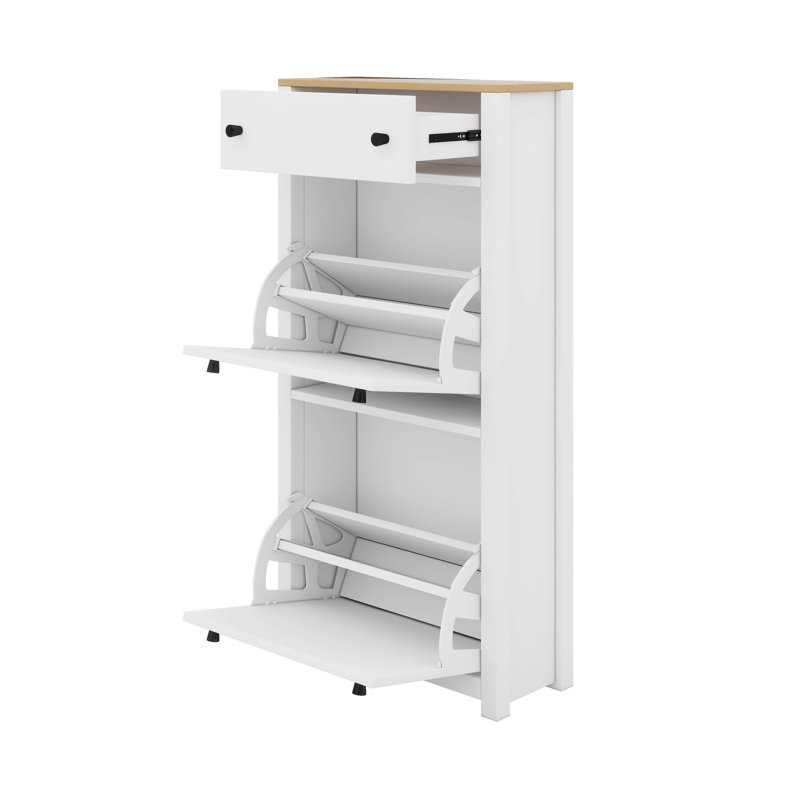 Rangement fonctionnel avec 2 tiroirs rabattables, armoire à chaussures avec tiroir à motif de grain de bois, Blanc
