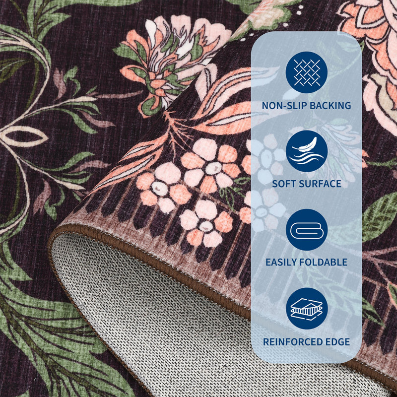 Floral Machine Washable Area Rugs for Living Room Bedroom Soft Non-Slip Vintage Dining Room Rug Low Pile Botanical Floor Carpet for Kids Room Classroom