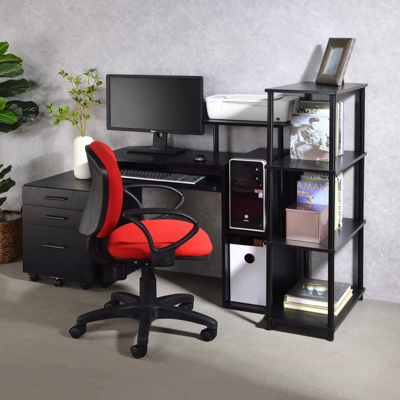 Desk,Rectangular Computer Desk With Keyboard Tray, Shelf Compartment, Black, 34.51" H x 37.53" W x 16.56" D