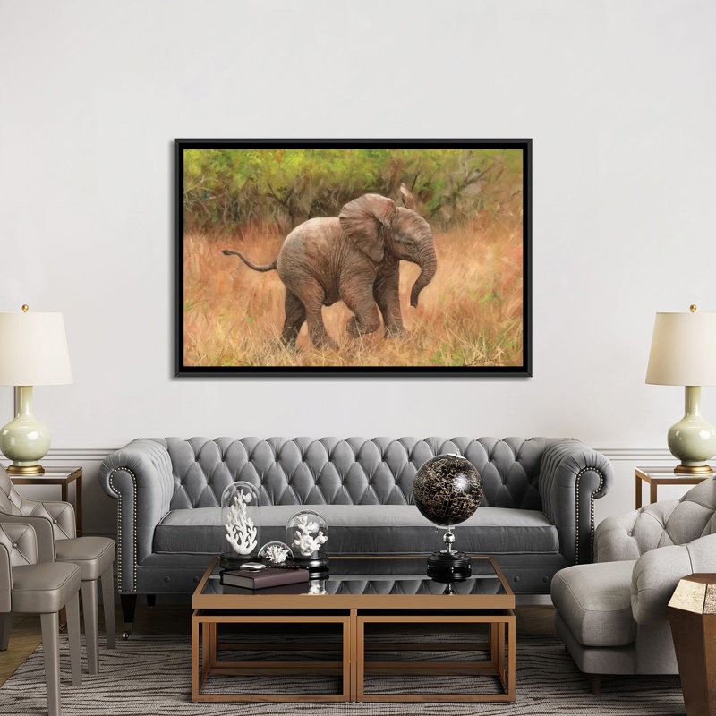 «Baby African Elephant», impression sur toile, H 18 po x l 26 po x P 1,5 po, Toile avec cadre noir, Pas de tapis
