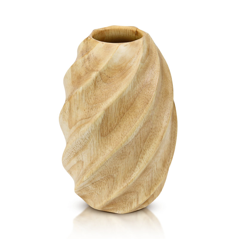 Élégant vase à fleurs ovale en bois brun clair avec motif en spirale