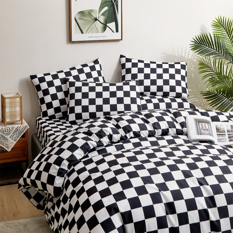 Grid Comforter Set Plaid Bedding Set 1 Checkered Comforter with Pillowcases, Black/White Grid