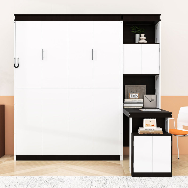 Lit escamotable en bois avec bureau, armoires et tablettes, Lit double