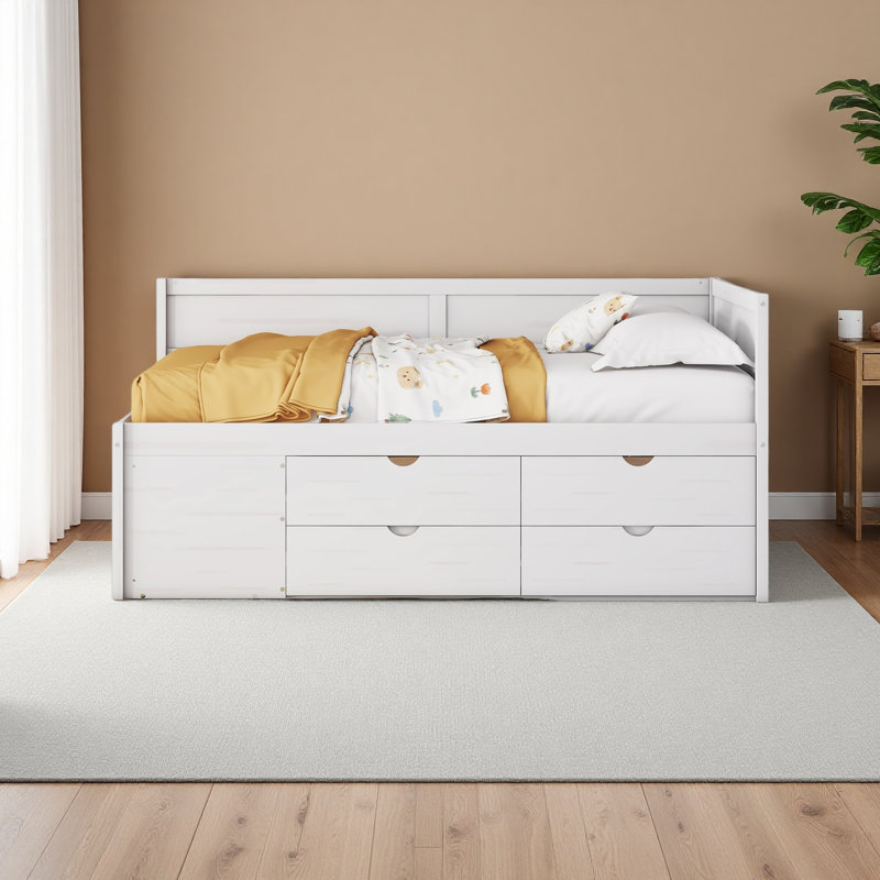 Lit de jour avec tiroirs et tablettes, Complet/Double, Blanc
