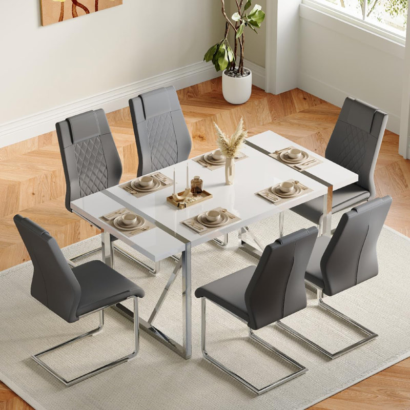 Ensemble de salle à manger rectangulaire L 31,5 po x l 55,12 po Minday, Gris/argent, Argent argent, 7
