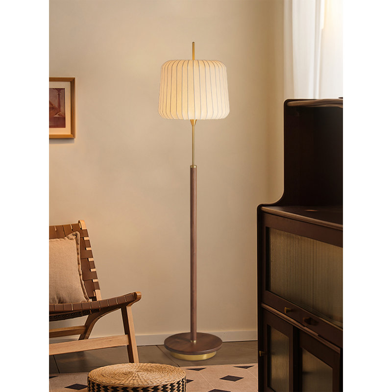 French Retro-Style Black Walnut, Brass & Silk Floor Lamp