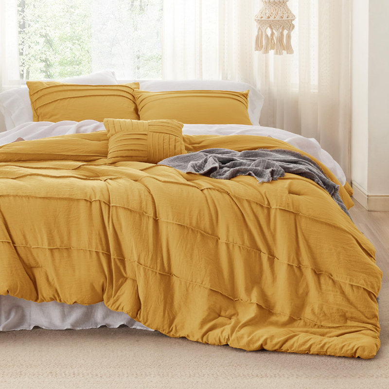 Bedsure Prewashed Microfiber Pinch Pleat Comforter Set, Mustard Yellow, Cal King Comforter + 3 Additional Pieces