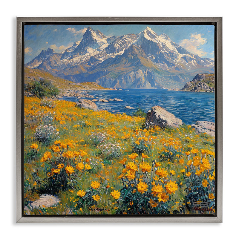 "Mountain Daisy Meadow", art mural sur toile flottante par Roozbeh Bahramali, H 18 po x l 18 po, Cadre flottant gris lustré