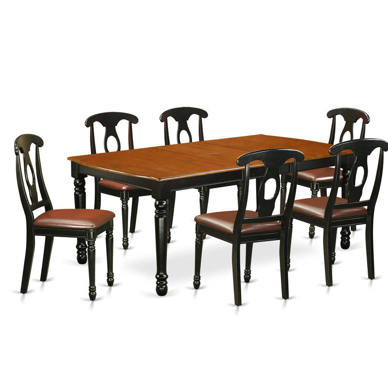 7 Piece Dining Room Furniture Set Consist of a Rectangle Wooden Table with Butterfly Leaf and 6 Faux Leather Upholstered Chairs, 42x78 Inch, Black & Cherry
