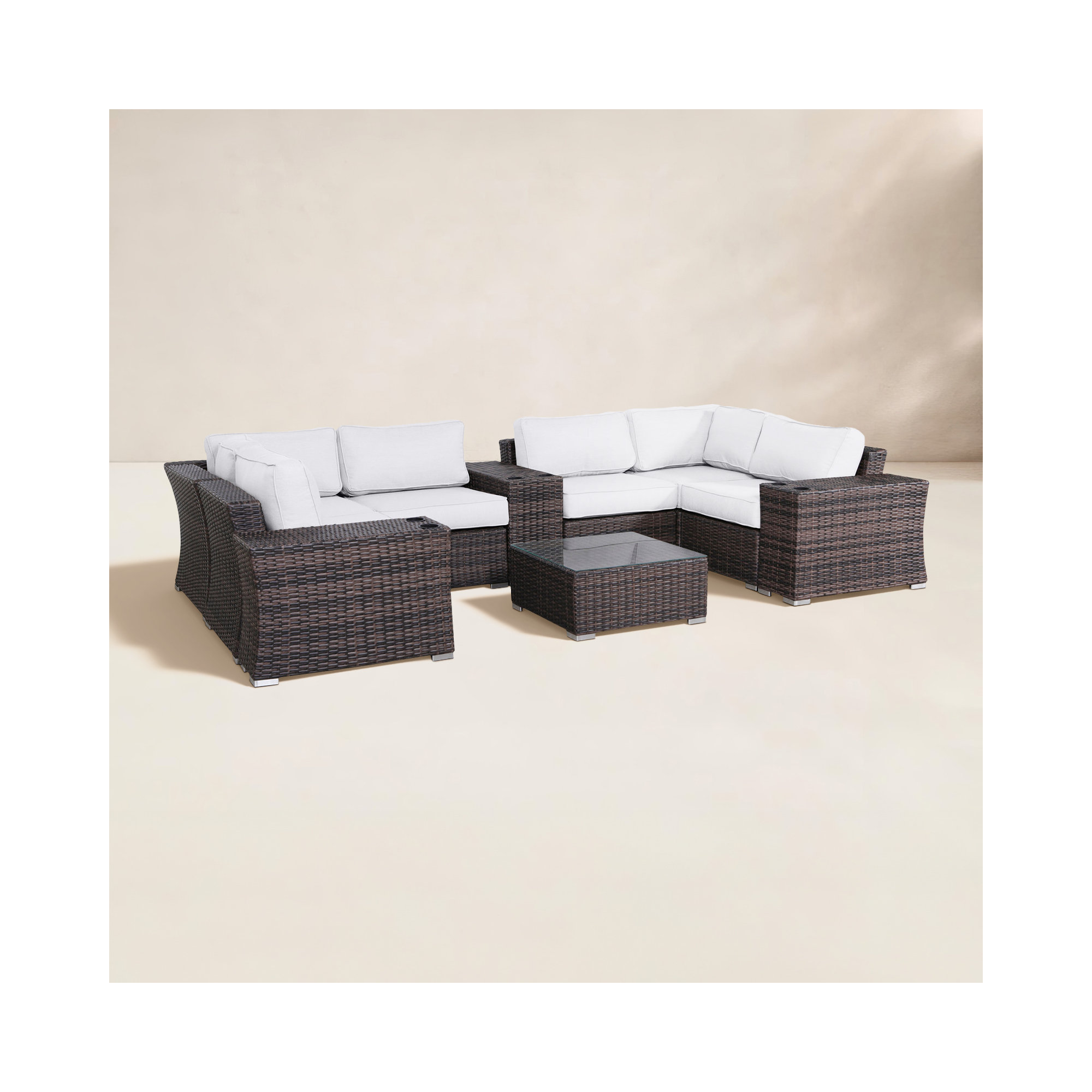 Saffi Fully Assembled 10 Piece Sectional Seating Group with Cushions, Brown, Sunbrella Canvas