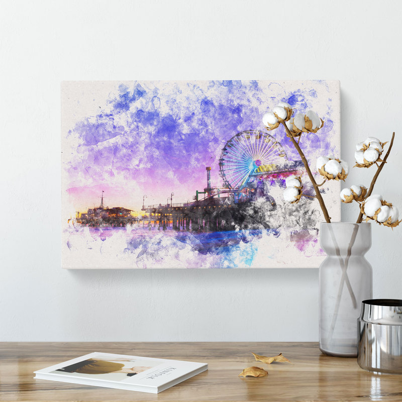 Santa Monica Pier Fairground Watercolour - Wrapped Canvas, 60cm H x 91cm W x 3cm D