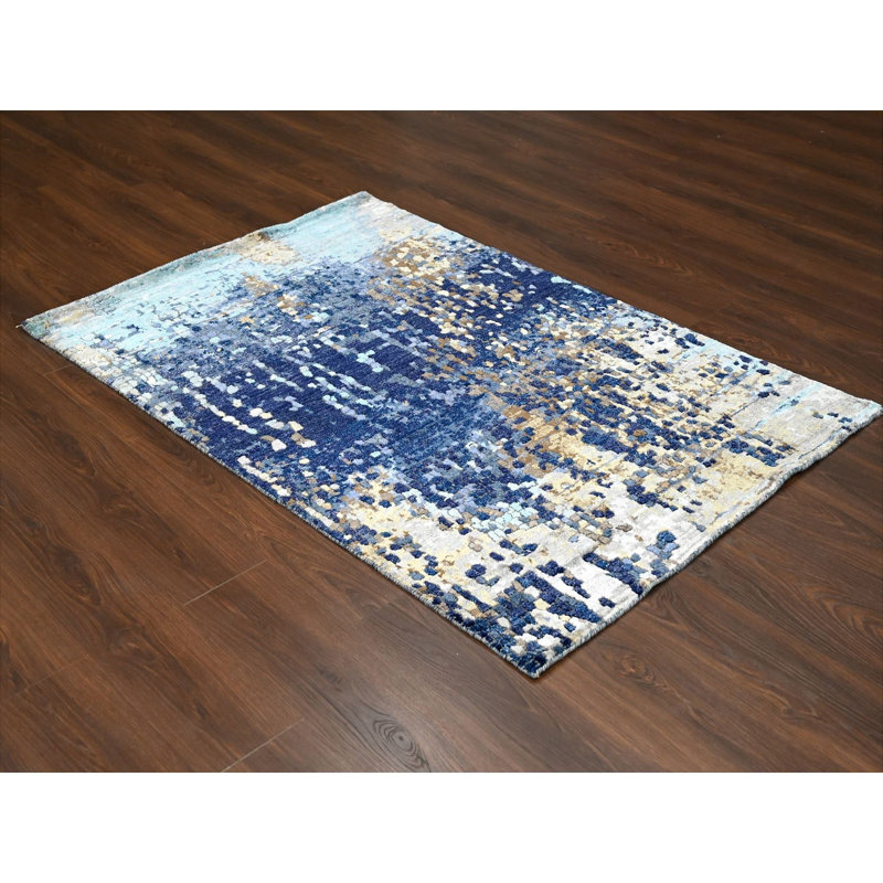 Tapis mosaïque bleu moderne 4 pi x 6 pi en mélange de dense tissé doré et de soie 24B0AB4CAA6C4738A36E159E8534FCB5