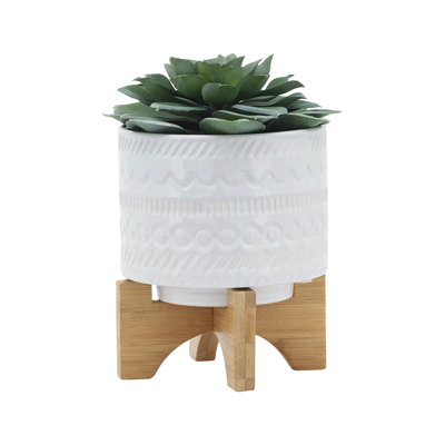 Natacha Stoneware Planter with Bamboo Stand - Ceramic Plant Pot with Raised Decorative Design, Modern Elevated Display