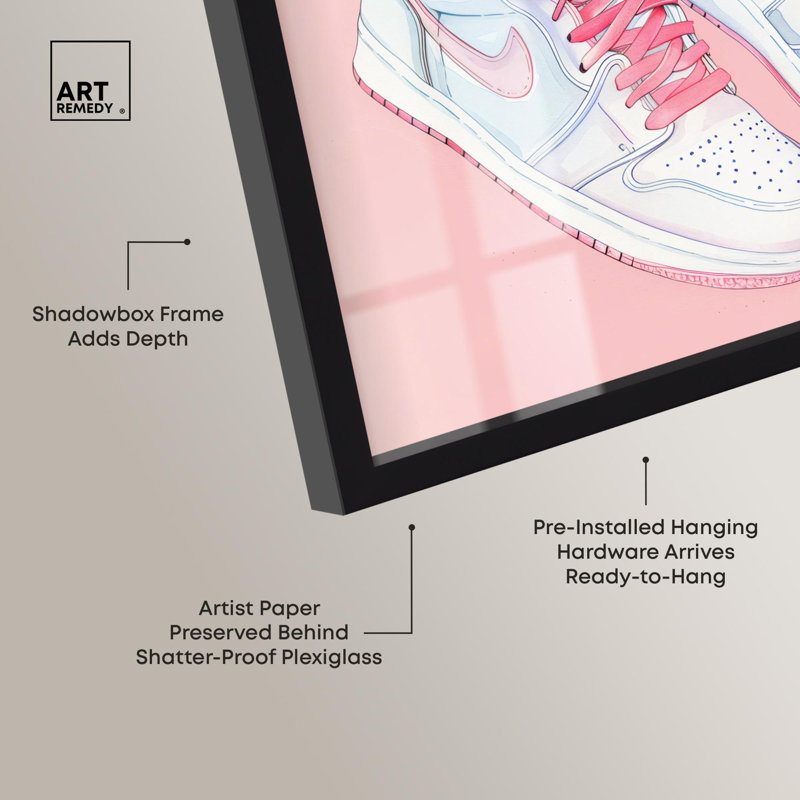 «Blush Floral Bloom Sneakers Shadowbox Print Sneaker» par Art Remedy, H 13 po x l 13 po, Noir