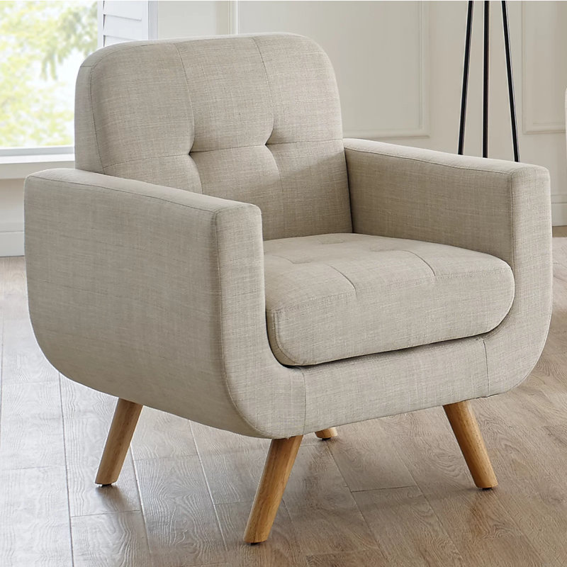 Accent Chair, Comfy Upholstered Armchair with Solid Wood Legs, Linen Fabric Modern High Back Chair for Living Room Chairs, Accent Reading Chairs Single Sofa Chairs
