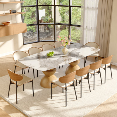 7/9/11 Pcs 94"L Mid-Century Farmhouse Solid Wood Double Pedestal Base & Rectangular Sintered Stone Dining Table Sets With Comfort PU Leather  Kitchen Chairs For 6-10