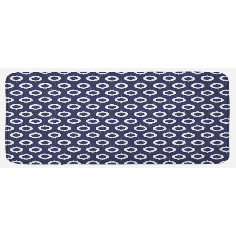 Tapis de cuisine rond bleu foncé et blanc grunge abstact design géométrique avec esquisse rectangulaire