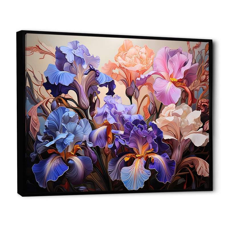 Mauve et rose, féroces iris, expression sauvage de fleurs sur toile, Cadre flottant noir, H 30 po x l 40 po x P 1,5 po