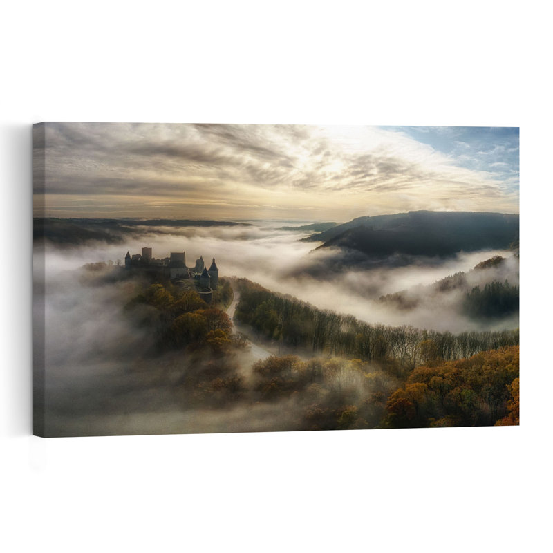 Misty Castle Autumn Landscape Dramatic Dreamy Ethereal Architecture Autumn Wall Art Print 1 Piece Wrapped Canvas Wall Art