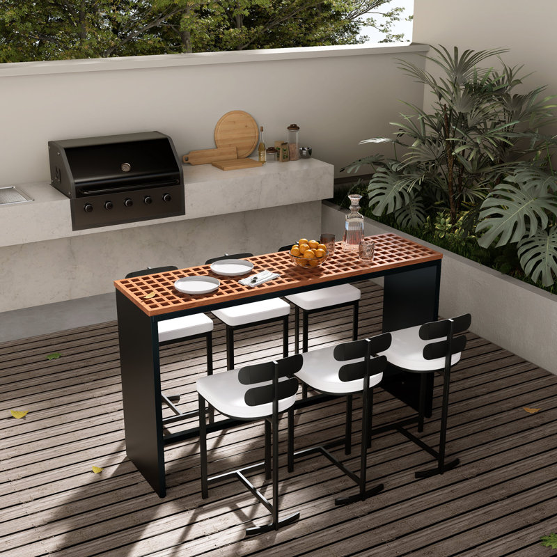 7 Pieces Rectangle Outdoor Patio Bar Dining Set with Teak Table and Chairs for 6 Person